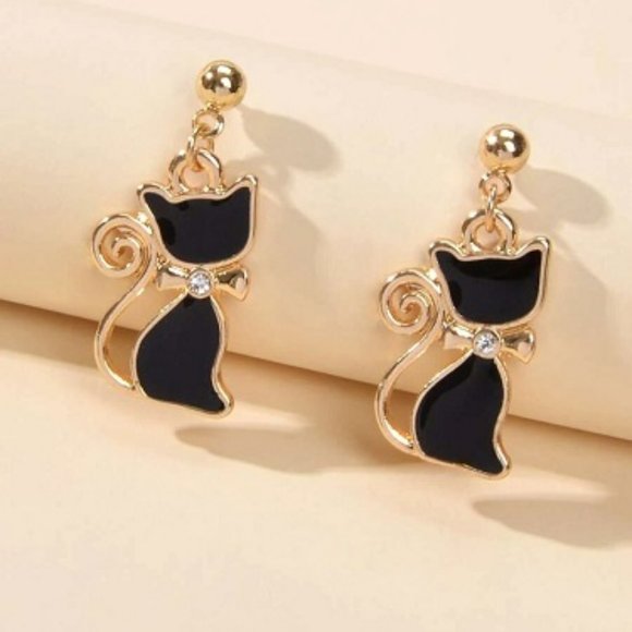 Gold & Black Colored Cat Dangle Earrings - Picture 1 of 2